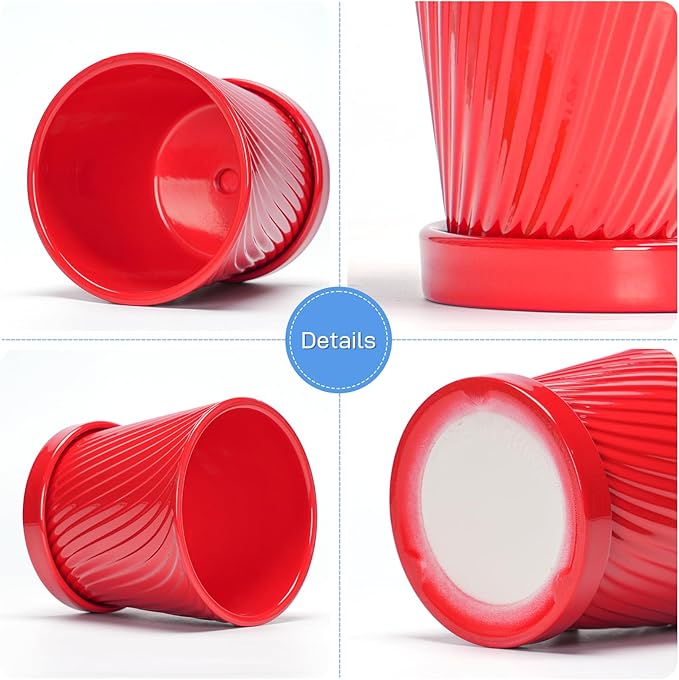 Ton Sin Plant Pots 6 Inch Flower Pots for PlantsCeramic Planter with Drainage HolesIndoor Planter Pots with SaucerOutdoor Garden Pots (Red 4 Pack)