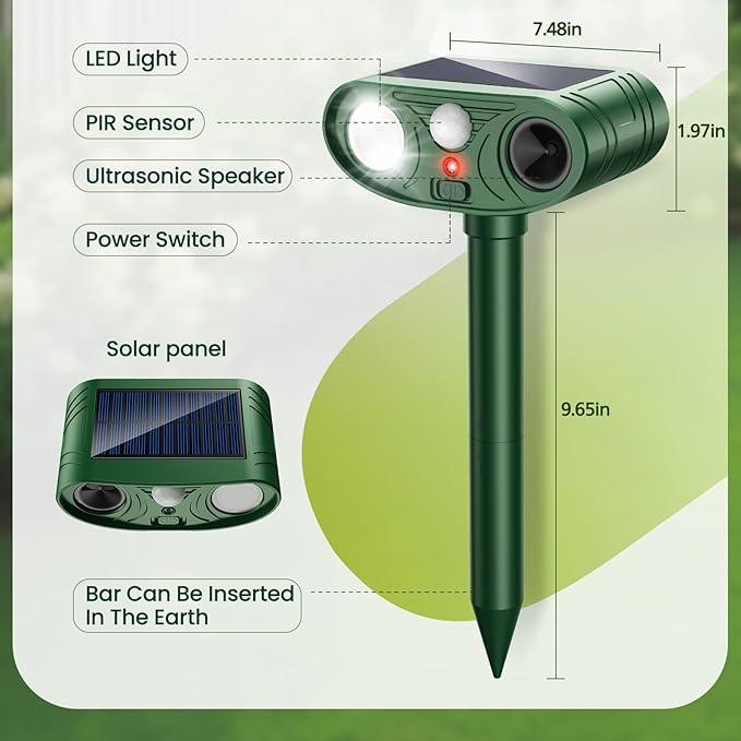 2026 Upgraded Solar Ultrasonic Animal Repellent Outdoor Deer Cat Repellent with Motion Sensor Flash LightIP65 Waterproof Repeller Keep Rodent Squirrel Raccoon Opossum Skunk Out of Yard Farm (2)