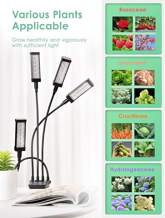 Garden Elements 4-Head Full-Spectrum LED Grow Light for Indoor Plants – Adjustable Timer Stepless Dimming Replaceable Bulbs – Ideal for Herbs Seedlings Vegetables &amp Flowers