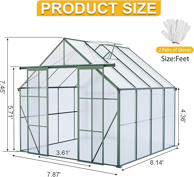 8x8 Greenhouse for Outdoor with Double Door and Adjustable Roof Walk-in Polycarbonate Gardening Green House with Raised Base and Anchor Drainage System for Backyard Lawn Green