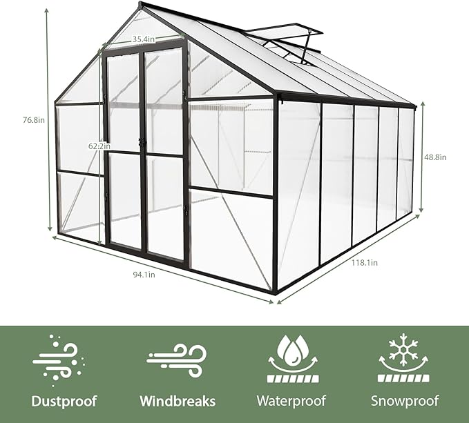 8 x 10 FT Outdoor Greenhouse Heavy-Duty Polycarbonate Greenhouse with Aluminum Frame Lockable Door Adjustable Roof Vent Walk-in Green House for Backyard Garden Patio