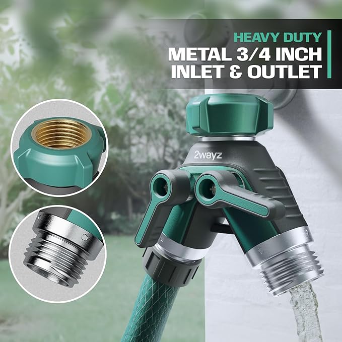 2WAYZ Dual Outlet Water Hose Splitter - Heavy-Duty Brass Y Connector 360° Rotation Easy Installation Leak-Proof Design with Spigot Extender - Ideal for Garden Washing Machines Outdoor Faucets