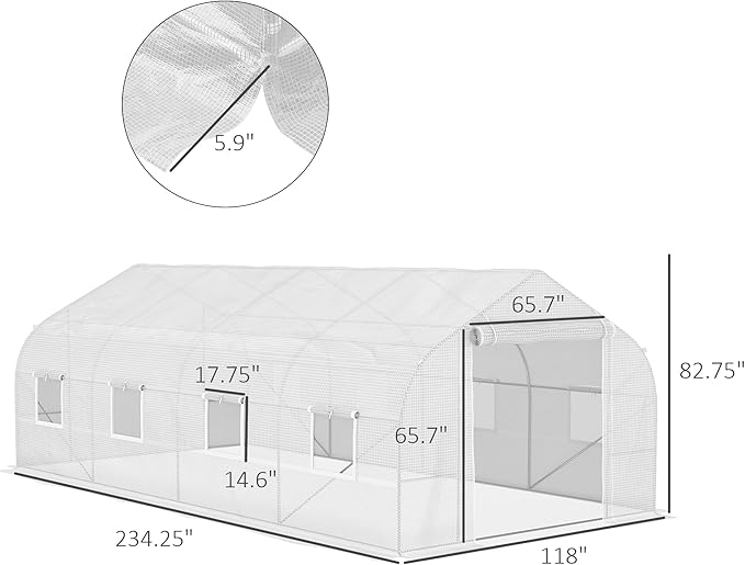Outsunny 20' x 10' x 7' Walk-in Greenhouse Tunnel Green House with Galvanized Steel Frame Hoop House Kit with Zippered Door and 6 Windows White