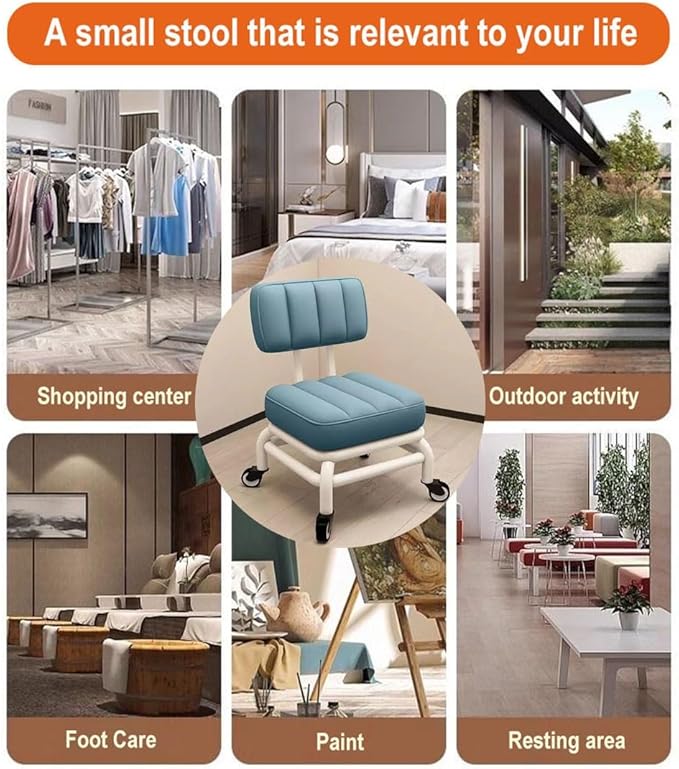 Ergonomic Low Rolling Stool With Back Support Soft Pu Leather Seat Metal Frame 360° Swivel Short Stool For Home Garden Office Garage Shop Comfortable And Durable Roller Chair With Blue One Size