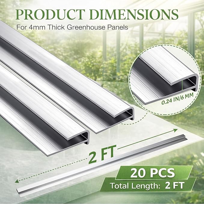 Tandefio 20 Pcs 2 ft Aluminum U Connector Greenhouse Panels Fits 6 mm Polycarbonate Greenhouse Connector Silver U Channel Roofing Accessories Join 2 Pieces of Panels Together Prevent Dust Rain
