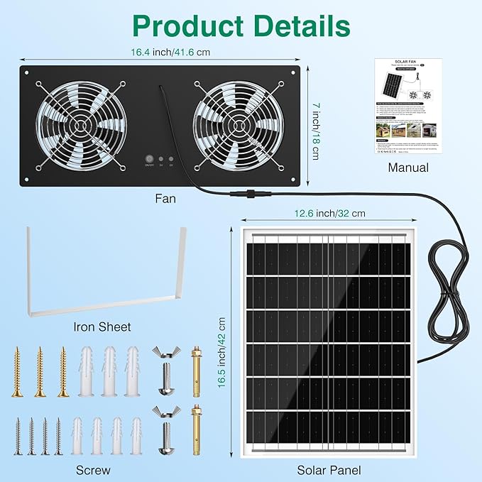 40W Solar Powered Exhaust Fan with 18000mAh Battery &amp Timer 3500RPM High-Speed Waterproof Ventilation Fan for Chicken Coop Greenhouse Shed Pet House &amp Window