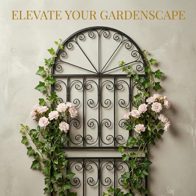 SCENDOR 59 H x 22 W Arched Metal Garden Trellis with Scrollwork Rustproof Iron Plant Support for Climbing Roses Clematis &amp Vines Decorative Garden Screen for Lawn &amp Backyard 1 Pack