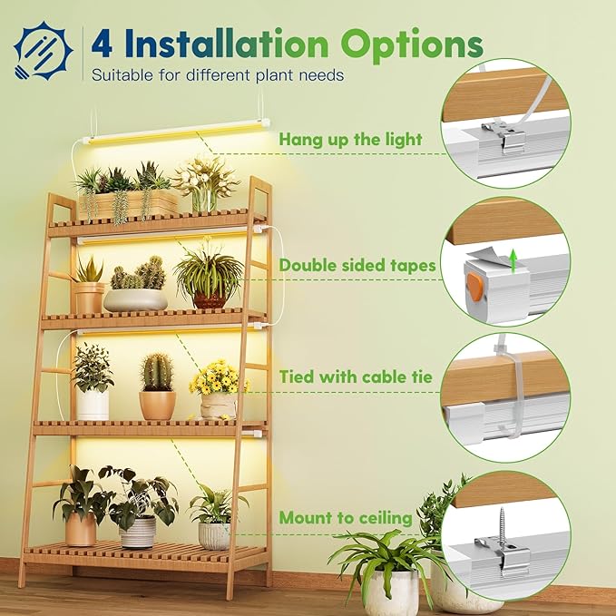 FREELICHT T8 Grow Lights for Indoor Plants 2FT Full Spectrum 120W(4 x 30W) 4 Installation Methods 5000K Linkable LED Grow Light Strips for Plant Shelf Greenhouse Succulent Seeding 4 Pack