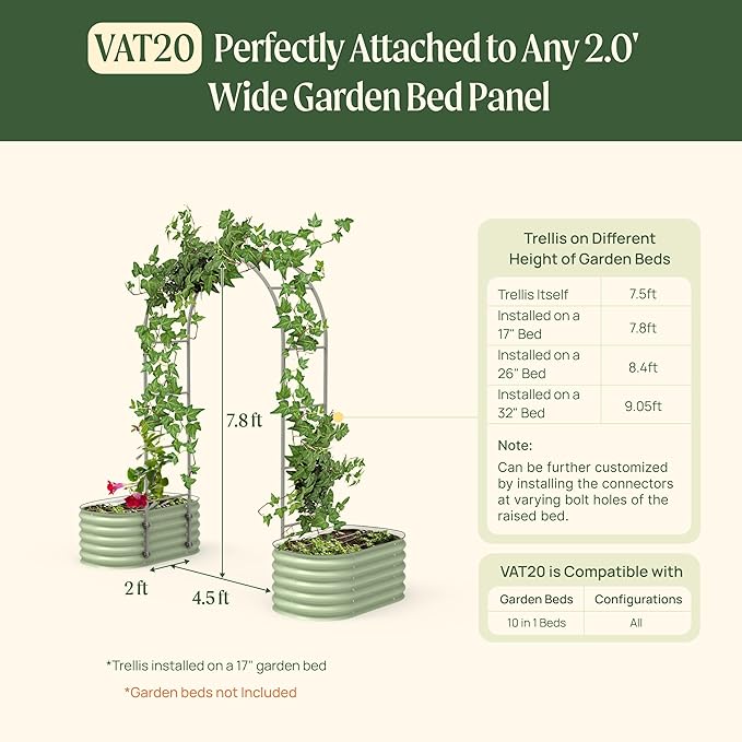 Vego Garden Modular Arched Trellis System for 2.0‘ x 4.0' 10 in 1 Garden Bed for Climbing Plants Like Cucumber Beans Tomatoes &amp Vines (Garden Beds Not Included)