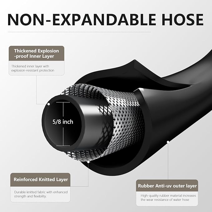 Garden Hose 5/8 x 100ft - Brass Rubber Heavy Duty Water Hose 600 PSI Burst Pressure Durable Flexible Hose for Yard Car Wash Pets Black