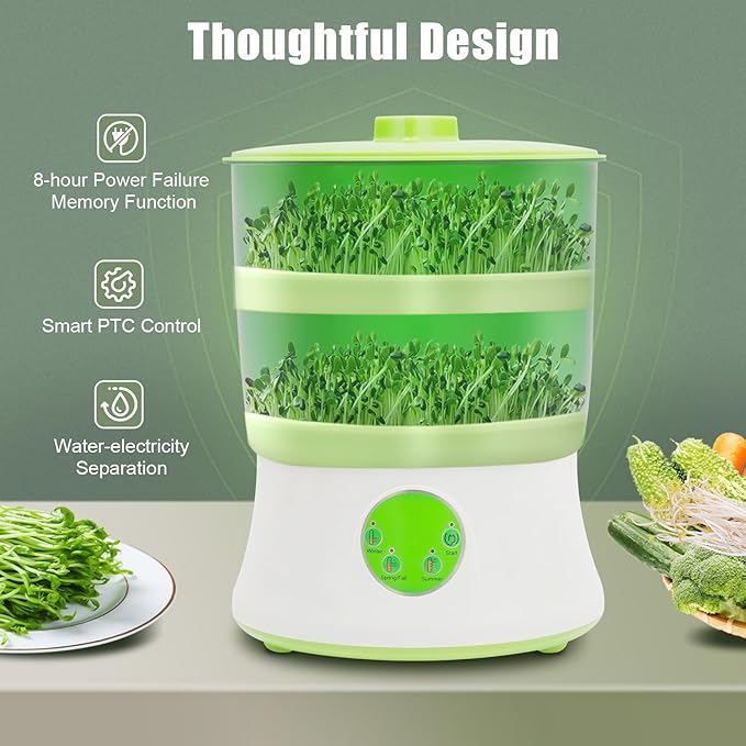 110V Bean Sprouts Machine 2 Layers Intelligent Automatic Bean Seed Sprouter with 3 Seasonal Modes for Home Grow Soybean Mung Bean Red Bean