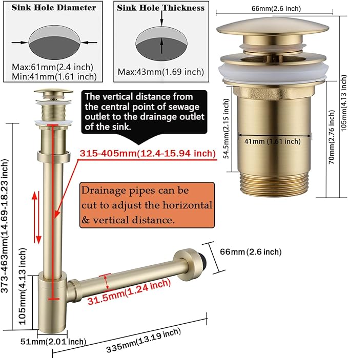 RANDOM Brushed Gold Brass Round Bottle P Trap Kit with Pop Up Drain Stopper with Overflow.RD83888BG-L-S6