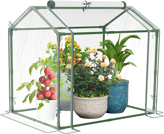 Esbaybulbs Mini Greenhouse with PVC Cover and Roll-Up Zipper Door 33.5'L x 23.2'W x 32.5'H Transparent Steel Frame Roll-Up Door Garden Greenhouse