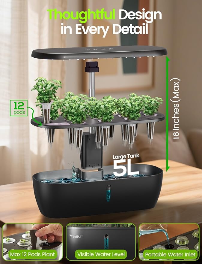 LETPOT LPH-Lite Hydroponics Growing System 12 Pods Smart Herb Garden Kit Indoor Indoor Garden APP &amp WiFi Controlled with 24W Growing LED 5.5L Water Tank Pump System Automatic Timer