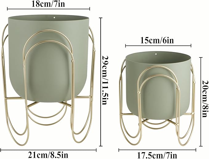 JHY DESIGN Set of 2 Planters with Stand Indoor Outdoor Metal Plant Stand 11.5/8 H Modern Planters Flower Pots for Living Room Corner Kitchen Office Garden Balcony Patio Decor(Green)
