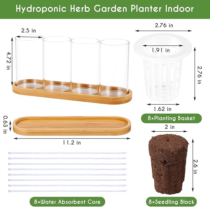 8 Pcs Hydroponic Herb Planter Growing Kit Self Watering Glass Vase with Wooden Stand Herb Garden Starter Kit for Propagating Hydroponic Plants Centerpiece Office Home Garden Decor