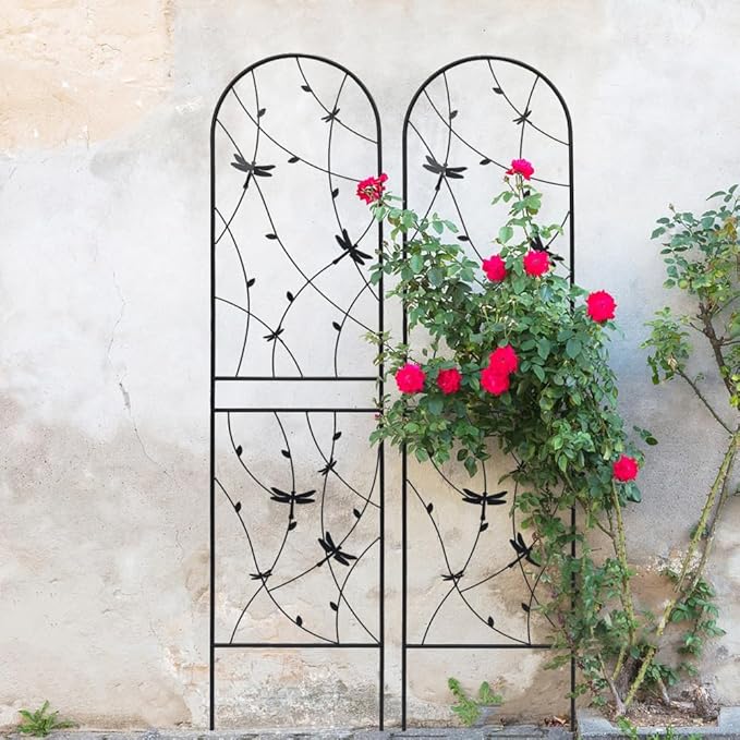 Sturdy Metal Garden Trellis for Climbing Plants – Rust-Resistant Outdoor Flower Support with Decorative Dragonfly Design (4 Pack-H86'')