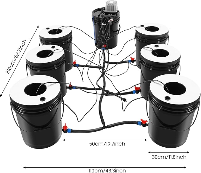 PERFERATE Hydroponics Grow System Kit with 4/6 Buckets 5 Gallon Recirculating Deep Water Culture with Air Pump Air Stones and Water Level Device for Leafy Vegetables (6 Buckets)