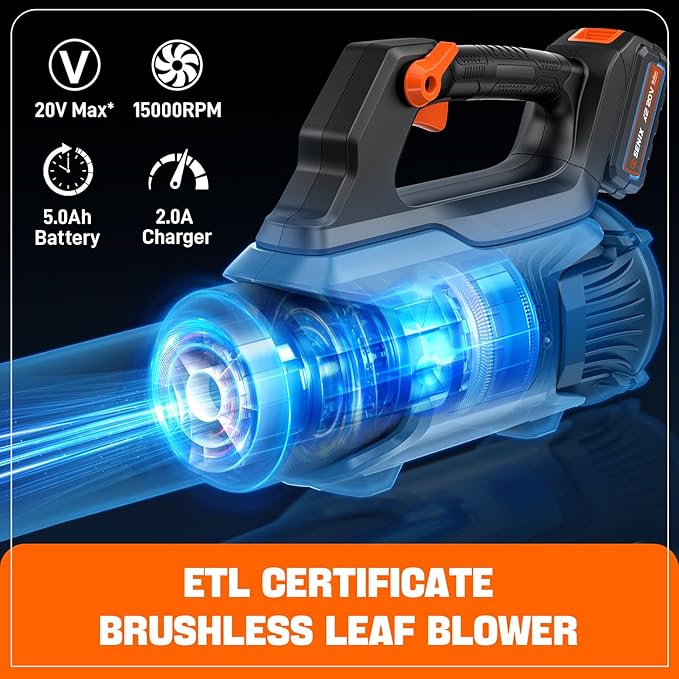 SENIX 20V Max Leaf Blower Cordless Brushless Handheld Up to 450 CFM and 100 MPH 2 Speed Mode Cruise Control Lightweight 5.0 Ah Battery and Charger Included (BLAX2-M3)