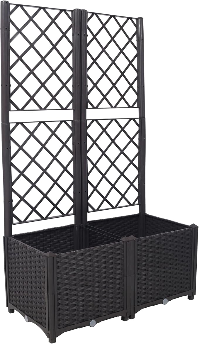 53.5 H Horticulture Garden Planter with Trellis Poly Rattan Brown Trellis Raised Bed with Drainage Plug for Climbing Plants/Vines Raised Garden Bed Garden Planter Box for Flowers Herbs Brown