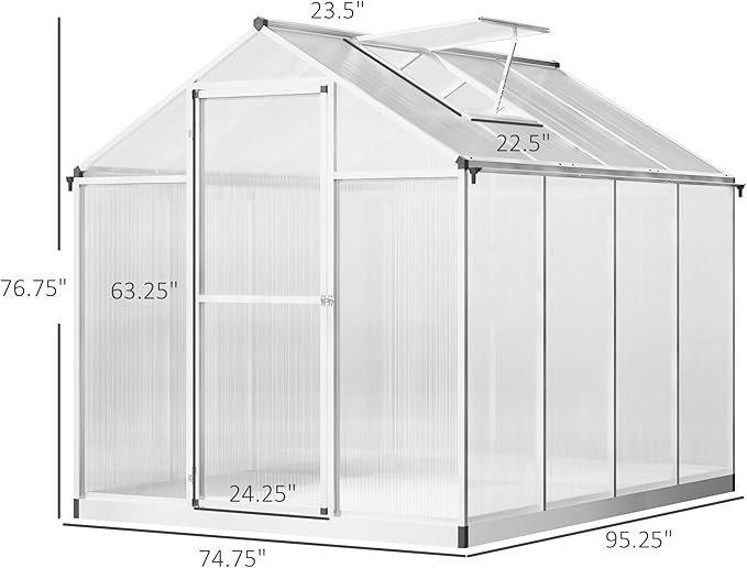 Outsunny 8' x 6' Greenhouse for Outdoors Polycarbonate Greenhouse with Rain Gutter and Roof Vent Aluminum Walk-in Green Houses for Outside Patio Backyard Garden