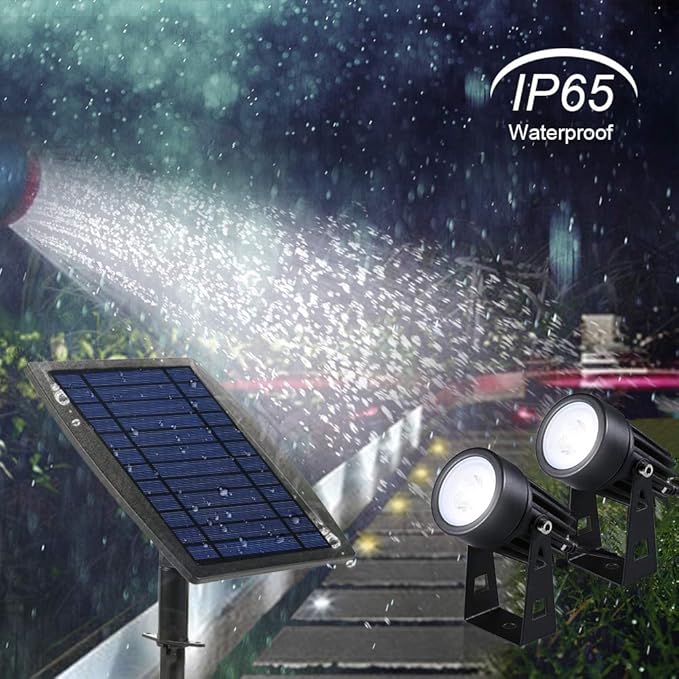 Solar Powered Dual Spotlights 2W 130LM with Adjustable 270° Light &amp Solar Panel 9.8ft Cable Length – IP65 Waterproof Outdoor Garden Lawn Landscape Lighting for Yard and Tree (White)