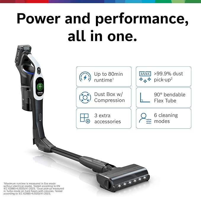 Bosch Unlimited 10 Cordless Stick Vacuum Cleaner - Up to 80 Min Battery Pet Hair Hard Floors Carpets HEPA Filter Bendable Tube for Under Furniture Upholstery 3 Accessories White