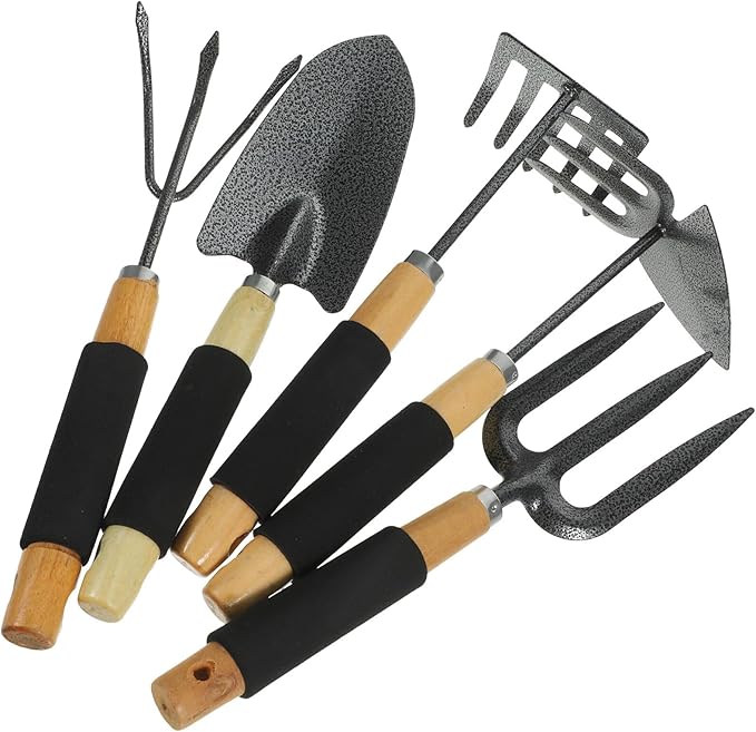 Lurrose 5pcs Gardening Tool Set Garden Shovel Five-Tine Rake Hand Hoe and Three-Prong Cultivator for Planting and Soil Loosening Sturdy Metal Construction Suitable for Lawn and Garden