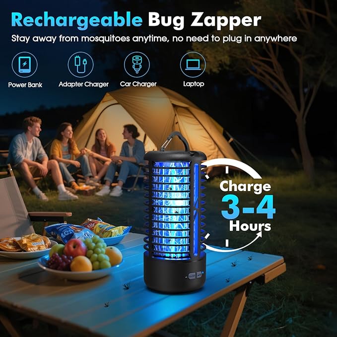 Rechargeable Bug Zapper （2 Pack） Portable Electric Mosquito Killer for Indoor &amp Outdoor Fly Trap for Camping Patio Garden Kitchen and Porch (Black)