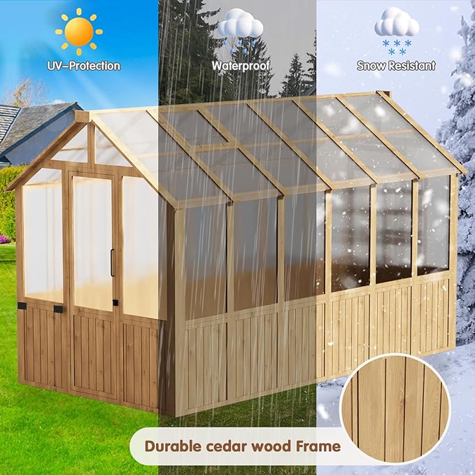 EBE 6'x12' Wood Greenhouse Walk-in Greenhouse Outdoor with Polycarbonate Panel Garden Greenhouses with Adjustable Roof Vent for Patio Yard and Backyard