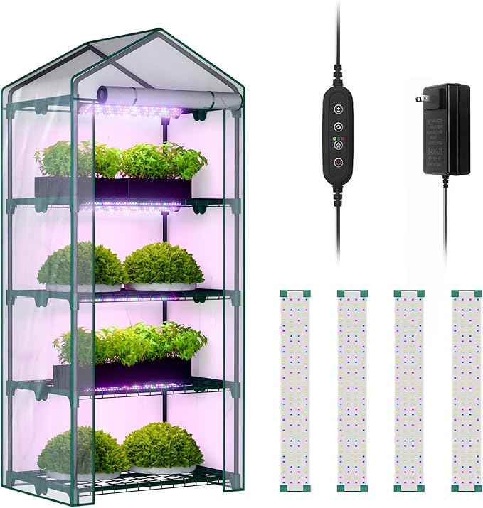Indoor Greenhouse with Grow Lights 4 Tier 27 L×19 W×62 H Mini Greenhouse with Zippered PVC Cover for Seed Starting Trays Dimmable 2FT 60W Plant Light for Indoor Plants with Timer