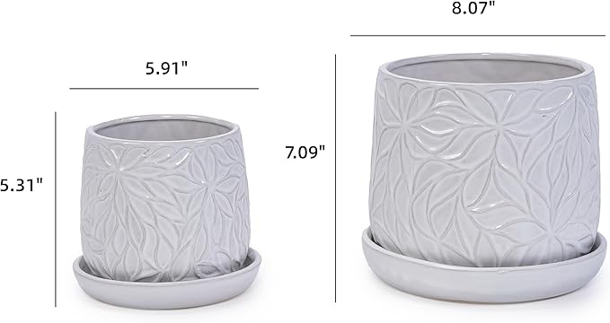 Handmade White Glossy Ceramic Planter Set of 2 6 8 Diameter Leaf Pattern Design for Succulents and Herbs IndoorOutdoor Shelf Table Use Breathable Clay with Saucers