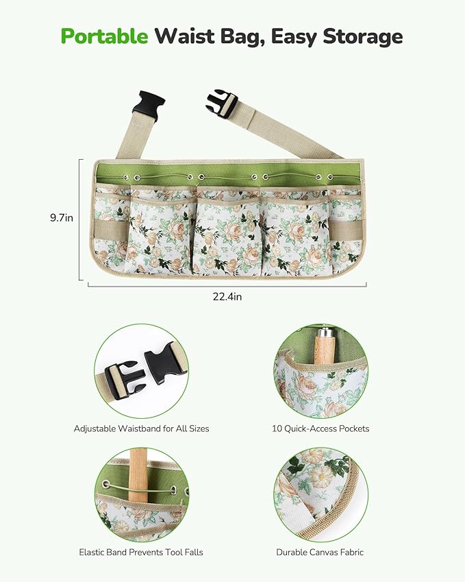 All-in-One Garden Tool Set with Tools Organizer Belt Adjustable 10-Piece Gardening Hand Tools Long Lasting Rust-Proof Premium Garden Tool Kit Gardening Gift for Women Men (Green)