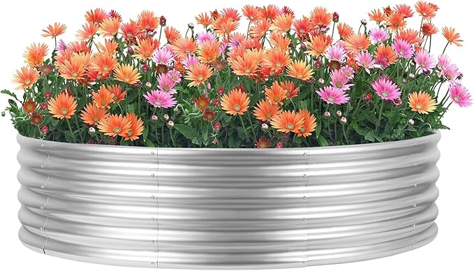 4×4×1FT Galvanized Raised Garden Bed Outdoor Steel Fire Pit Ring Flower Planter Large Round Planter Box Elevated Metal Raised Beds for Gardening Flower Bed Galvanized Tub for Vegetables Fruits