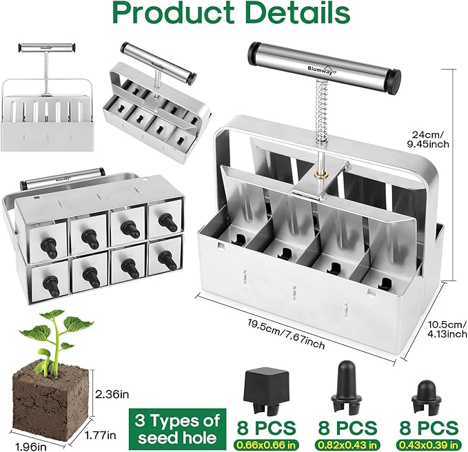 BlumWay Large Size 2 Pack 24 Cell Seed Starter Kit with Bigger Seed Starter Cup &amp 2 Inch 8 Cell Upgraded Soil Blocker