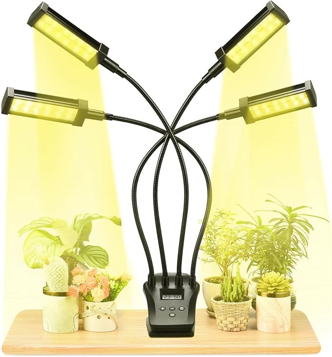 Garden Elements 4-Head Full-Spectrum LED Grow Light for Indoor Plants – Adjustable Timer Stepless Dimming Replaceable Bulbs – Ideal for Herbs Seedlings Vegetables &amp Flowers