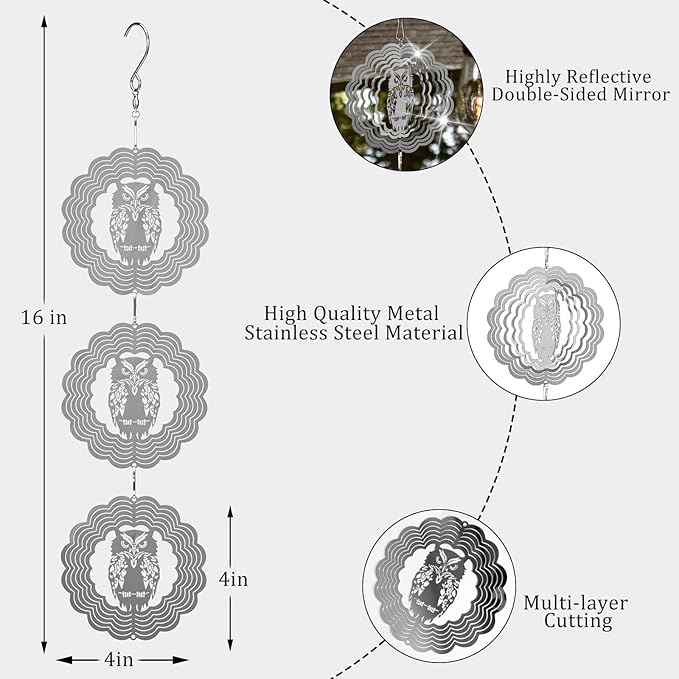 Owl Bird Deterrents for Outside3D Stainless Steel Wind Spinners Outdoor DecorReflective Bird Scare Discs SetShiny Bird Reflectors to Keep Woodpecker Pigeon Away from House Patio Yard Porch
