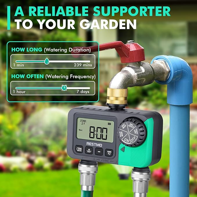RESTMO Water Timer for Garden Hose Sprinkler Timer with Brass Inlet Automatic Digital Control | Manual ON/Off | Rain Delay for Outdoor Faucet Drip Irrigation and Lawn 2 Outlet