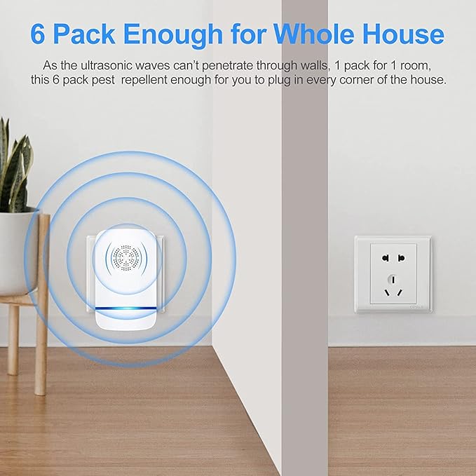 Ultrasonic Pest Repeller Indoor 6 Pcs Electronic Pest Mouse Repellent Ultrasonic Plug in for Mosquito Mice Ant Roach Fleas Spider Bug for Home Hotel Garage Office