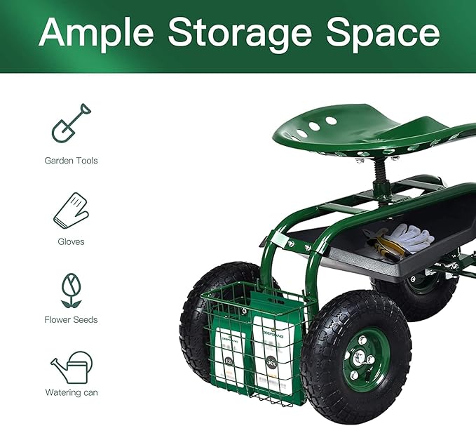 GRAFFY Garden Cart w/Wheels Mobile Rolling Work Seat w/Tool Tray and Basket Lawn Wagon Cart with Rotating and Adjustable Seat Patio Yard Stool Cart Green
