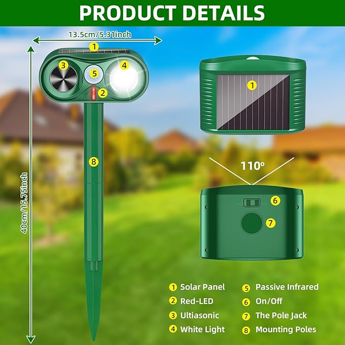 2026 Solar Animal Repellent Ultrasonic Outdoor Cat Repellent Solar Animal Repeller with Motion Sensor&ampLED Flashlight Deer Repellent Devices Repels All Animal Repellent OutdoorProtect Plants