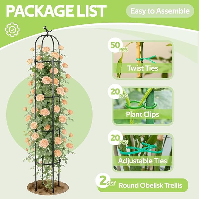 2 Pack Obelisk Trellis for Climbing Plants Outdoor - Heavy Duty Plastic Coated Steel Garden Arch Metal Trellis - Rustproof Tomato Cage Vertical Plant Support for Vines Vegetable Flower Indoor