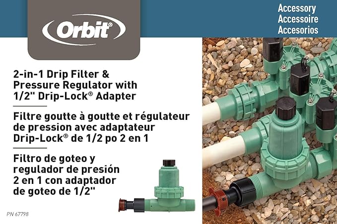 Orbit 2 Pack 2-in-1 Drip Irrigation Filter and 30 PSI Pressure Regulator - Micro-Irrigation Valve - Water Flow Reducer