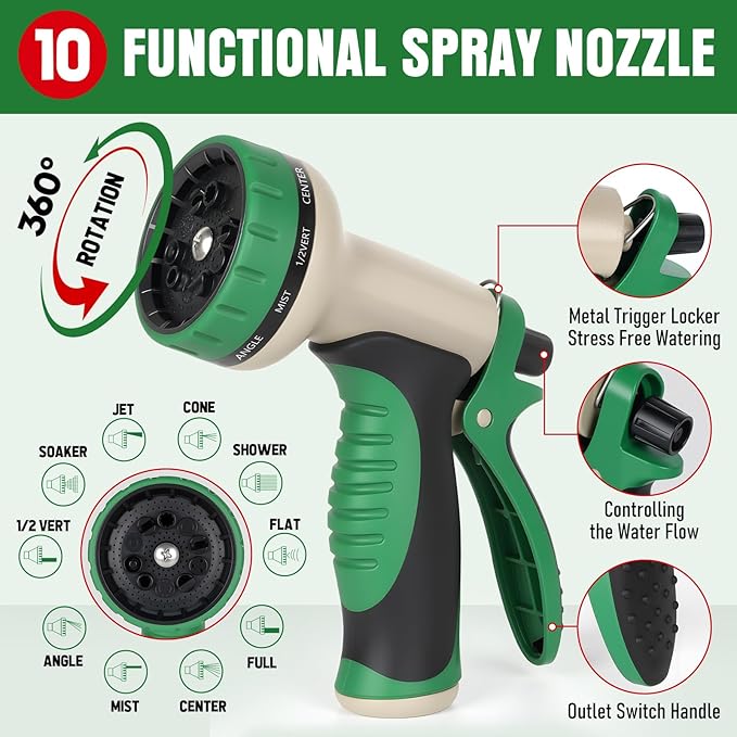 Heavy Duty Garden Hose 50 ft NON-EXPANDABLE Water Hose with 10 Function Spray Nozzle Lightweight Kink-less Hybrid Hose with Swivel Handle Male to Female Fittings