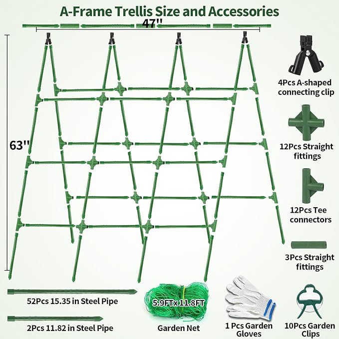 A-Frame Cucumber Trellis for Raised Bed - 63”H x 47”W Heavy-Duty Detachable Garden Trellis with Netting &amp Clips Support for Climbing Outdoor Cucumber Tomatoes Luffa Bitter Melon Vining Flowe