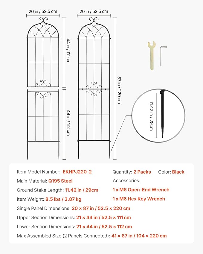 VEVOR Garden Trellis 87 x 20 inch Rose Trellis 2 Packs Garden Flower Rose Trellises with Powder-Coated Finish &amp Convenient Locking Design Plant Support Trellises for Flowers Vegetables Roses