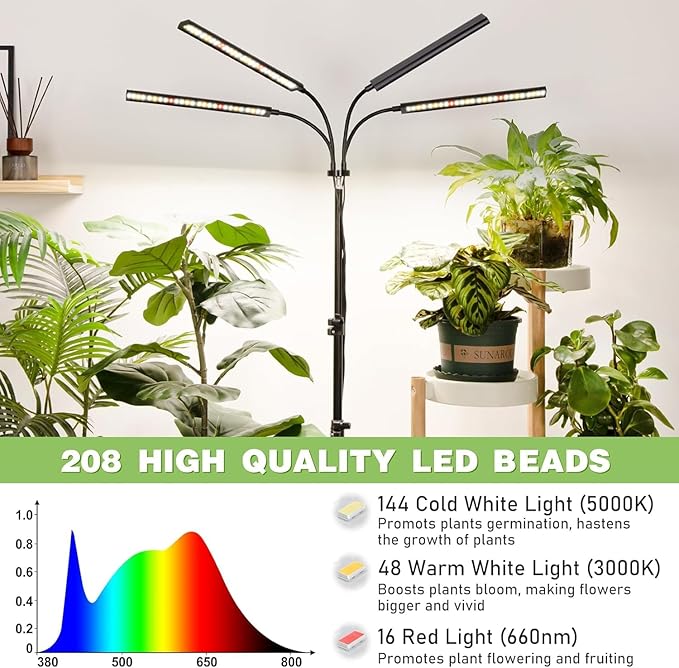 FOXGARDEN Grow Lights for Indoor Plants Full Spectrum with Tripod Stand Tall Grow Lights for Indoor Growing with Flexible Gooseneck Four-Head Plant Light with 4/8/12H Timer &amp 4 Brightness Levels