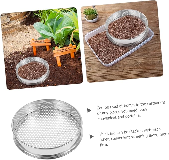 Healifty Stainless Steel Soil Sifter Round Mesh Garden Sieve for Soil Grading and Filtering Practical Kitchen and Outdoor with Fine Texture and Stackable Design