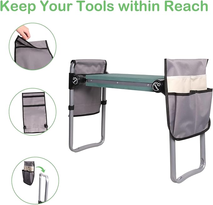 Garden Kneeler and Seat 2024 Upgraded Foldable Heavy Duty Kneeling Bench with 2 Tool Bags and Widen Soft EVA Foam Pad for Senior Green