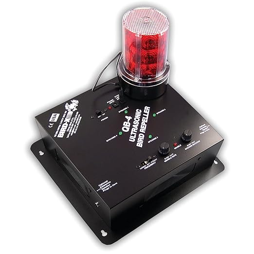 Bird-X Super Quadblaster QB-4+S Ultrasonic Bird Preventer with Optional Strobe Light and 4 Built-in Speakers Ideal for Indoors and Semi-Enclosed Areas Covers 6500 sq. ft.
